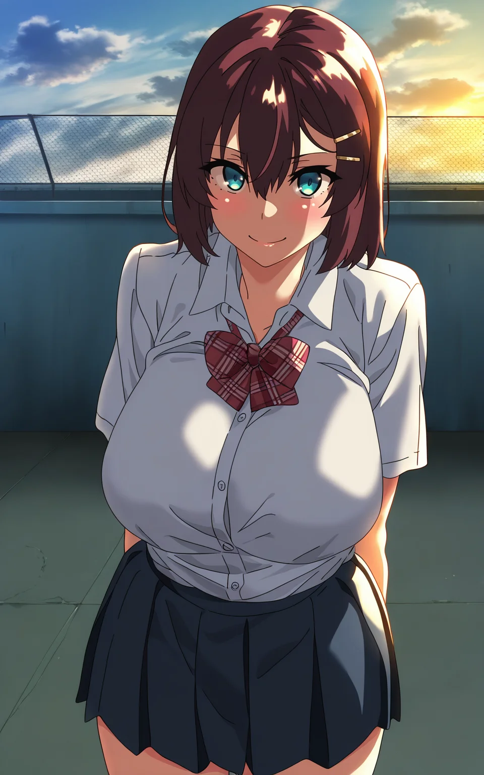 masterpiece, detailed, akntsusmr artstyle, 1girl, solo, akanenanao, red hair, short hair, hairclip, blue eyes, blush, bow, hair between eyes, school uniform, white shirt, collared shirt, bowtie, red bow, plaid, red bowtie, plaid bow, plaid bowtie, black skirt, (standing), closed mouth, smile, huge breasts, (standing), (cowboy shot), outdoors, rooftop, sky, clouds, looking at viewer, <lora:akanenanao-nai_illustrious:1>