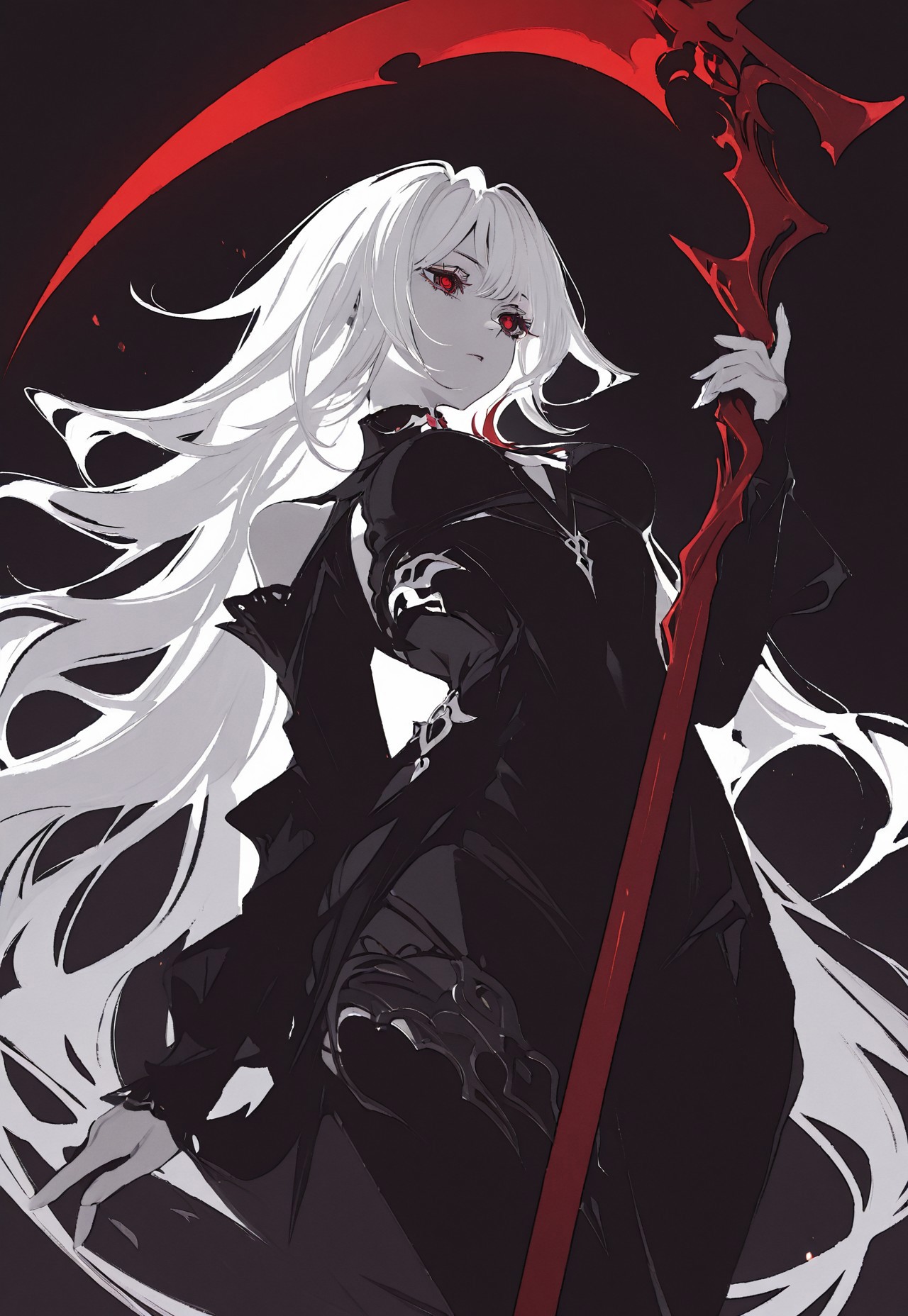safe_pos, masterpiece, best quality, good quality, newest, highres, absurdres, volumetric lighting, Vibrant Contrast, AVCS Style, flat, no lineart
lineart, vectorial, vector, monochrome, 1girl, solo, red eyes, eyelashes, white hair, very long hair, flowing hair, red accents, red tips, mid air, mid-air, imminent attack, holding scythe, huge scythe, intrycate shyte, lowing scythe, red glow, from below, e, dynamic, dynamic stance, empty background, black background, chromatic aberration, cinematic, gradient particles, dynamic, 
greyscale, monochrome, simple background, solo, 