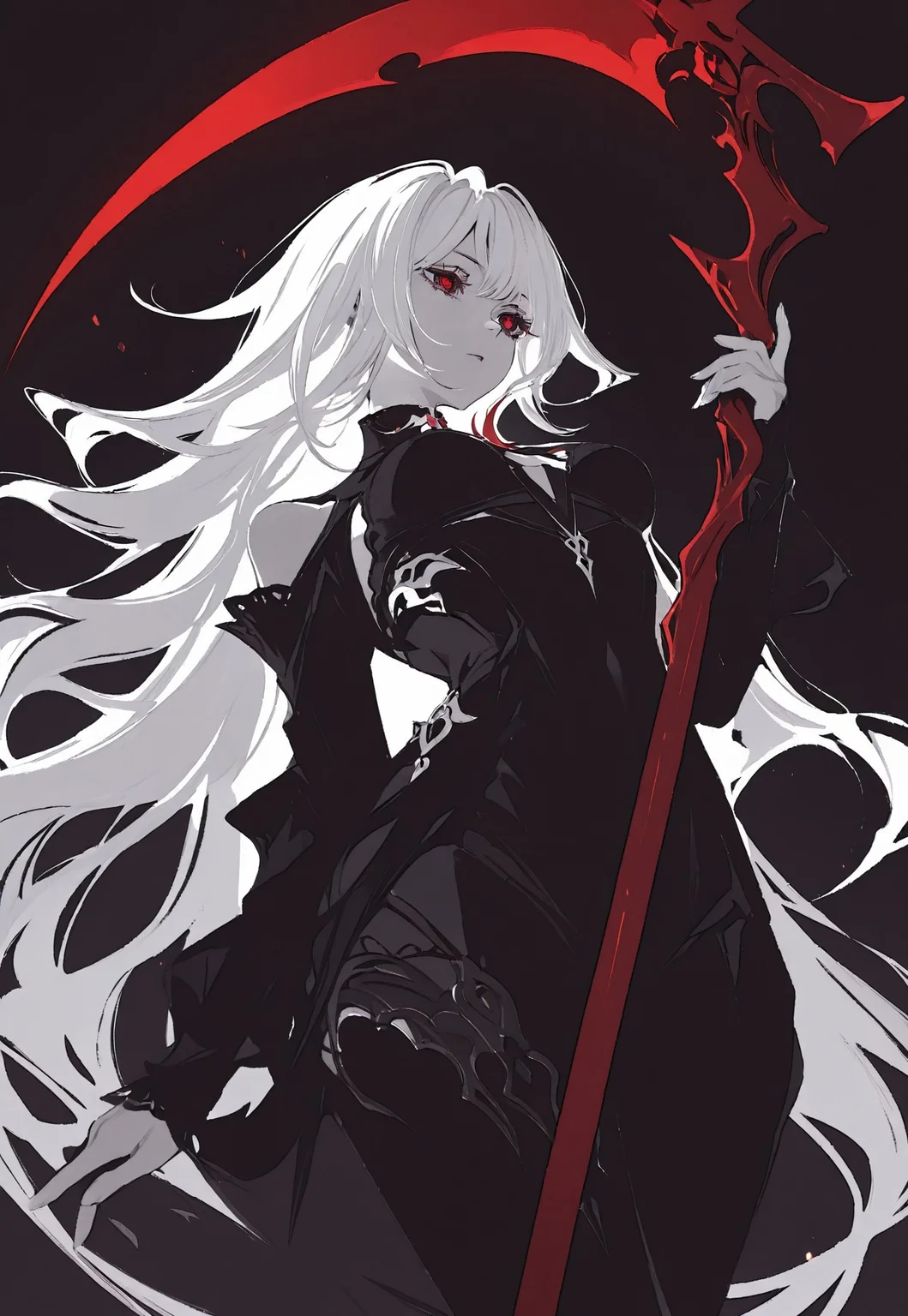 safe_pos, masterpiece, best quality, good quality, newest, highres, absurdres, volumetric lighting, Vibrant Contrast, AVCS Style, flat, no lineart
lineart, vectorial, vector, monochrome, 1girl, solo, red eyes, eyelashes, white hair, very long hair, flowing hair, red accents, red tips, mid air, mid-air, imminent attack, holding scythe, huge scythe, intrycate shyte, lowing scythe, red glow, from below, e, dynamic, dynamic stance, empty background, black background, chromatic aberration, cinematic, gradient particles, dynamic,
greyscale, monochrome, simple background, solo,