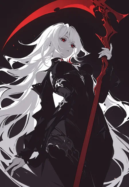 safe_pos, masterpiece, best quality, good quality, newest, highres, absurdres, volumetric lighting, Vibrant Contrast, AVCS Style, flat, no lineart
lineart, vectorial, vector, monochrome, 1girl, solo, red eyes, eyelashes, white hair, very long hair, flowing hair, red accents, red tips, mid air, mid-air, imminent attack, holding scythe, huge scythe, intrycate shyte, lowing scythe, red glow, from below, e, dynamic, dynamic stance, empty background, black background, chromatic aberration, cinematic, gradient particles, dynamic,
greyscale, monochrome, simple background, solo,