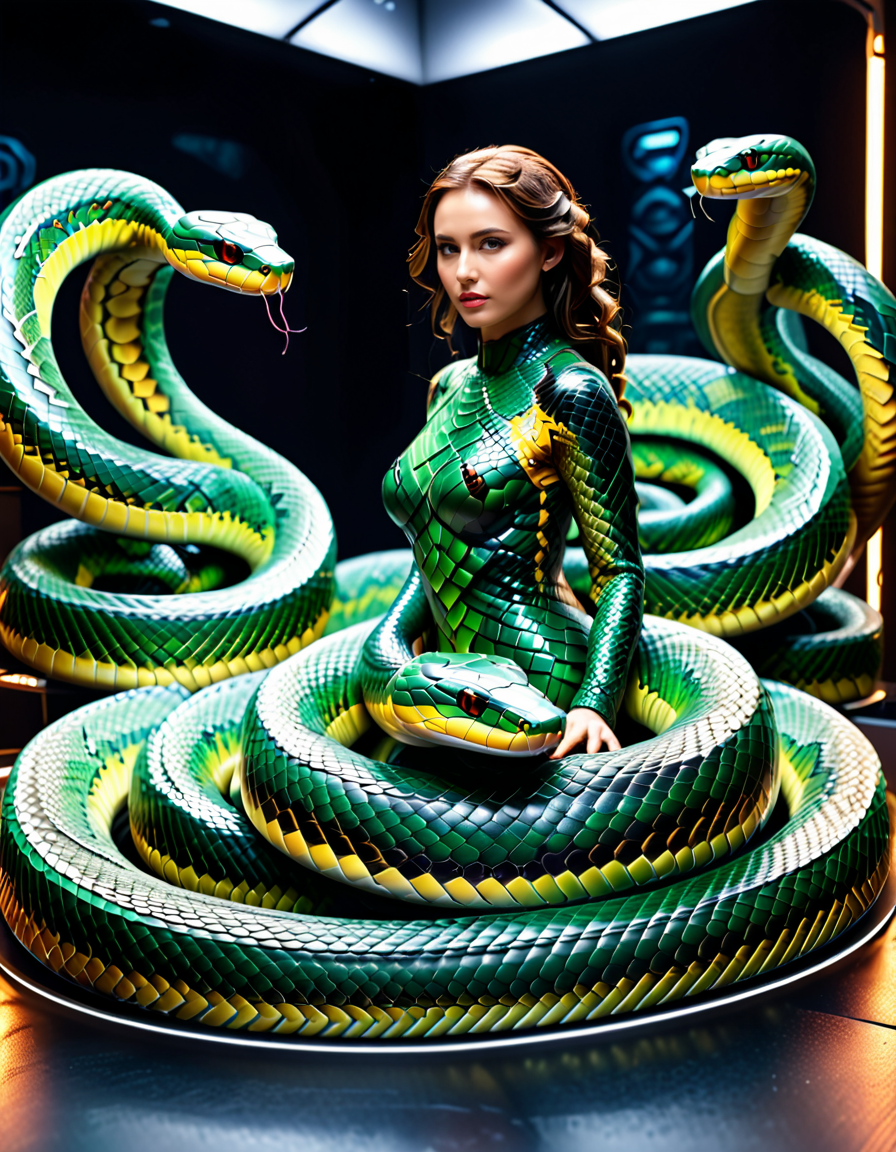 "A hyperrealistic life-size sculpture of a human morphing into a snake, each scale containing tiny holographic scenes of daily human life, glowing under soft, eerie lighting, surrounded by discarded skin, detailed scales, mixed with a high-tech futuristic vibe, surreal and unsettling atmosphere, photorealistic textures." <lora:SDXLFaeTastic2400:0.4> <lora:extremely_detailed:0.4> extremely detailed, <lora:sn4ke:1>,sn4ke, Masterpiece,best quality,hi res,8k,hi res,8k,award winning,(sharp focus, intricate, highly detailed),