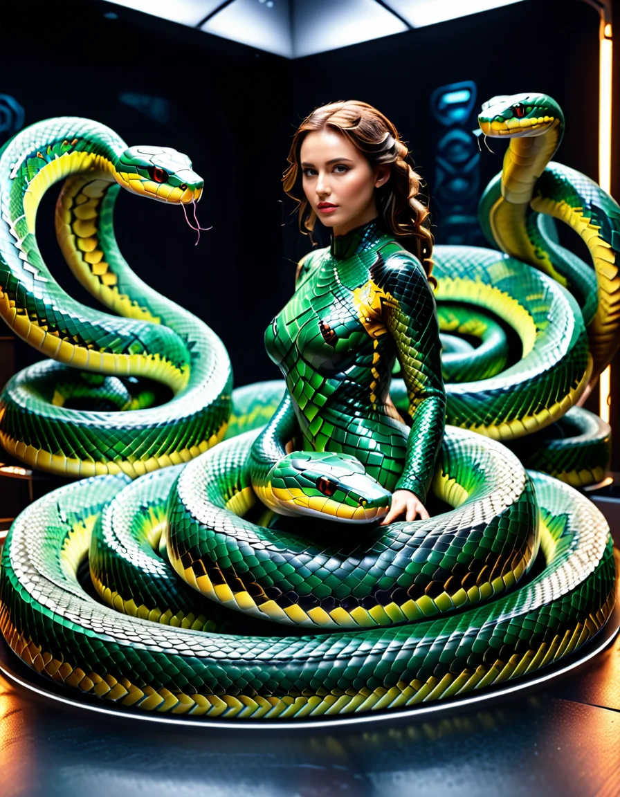 "A hyperrealistic life-size sculpture of a human morphing into a snake, each scale containing tiny holographic scenes of daily human life, glowing under soft, eerie lighting, surrounded by discarded skin, detailed scales, mixed with a high-tech futuristic vibe, surreal and unsettling atmosphere, photorealistic textures." <lora:SDXLFaeTastic2400:0.4> <lora:extremely_detailed:0.4> extremely detailed, <lora:sn4ke:1>,sn4ke, Masterpiece,best quality,hi res,8k,hi res,8k,award winning,(sharp focus, intricate, highly detailed),