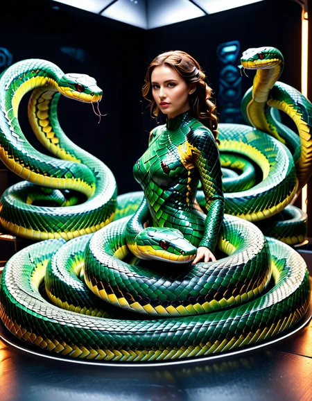 "A hyperrealistic life-size sculpture of a human morphing into a snake, each scale containing tiny holographic scenes of daily human life, glowing under soft, eerie lighting, surrounded by discarded skin, detailed scales, mixed with a high-tech futuristic vibe, surreal and unsettling atmosphere, photorealistic textures." <lora:SDXLFaeTastic2400:0.4> <lora:extremely_detailed:0.4> extremely detailed, <lora:sn4ke:1>,sn4ke, Masterpiece,best quality,hi res,8k,hi res,8k,award winning,(sharp focus, intricate, highly detailed),