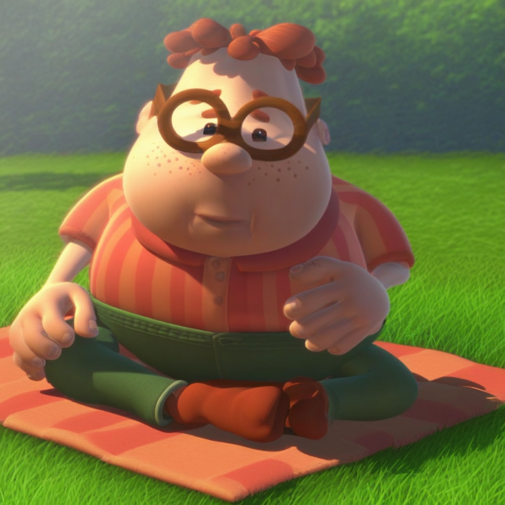 score_9, solo, carl_jn, glasses, freckles, striped shirt, pants, sitting, picnic, grass, natural lighting