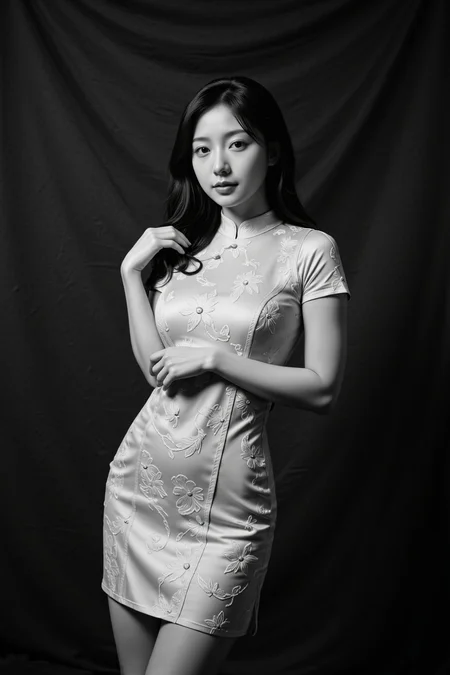 best quality, highly detailed,
erotic art, high contrast, monochrome, shadows,
This photograph captures a young woman in a stunning, traditional china dress, cheongsam, which is a form-fitting dress with intricate embroidery. the cheongsam is sexy and revealing, profiling her perfect hourglass figure in a studio setting.