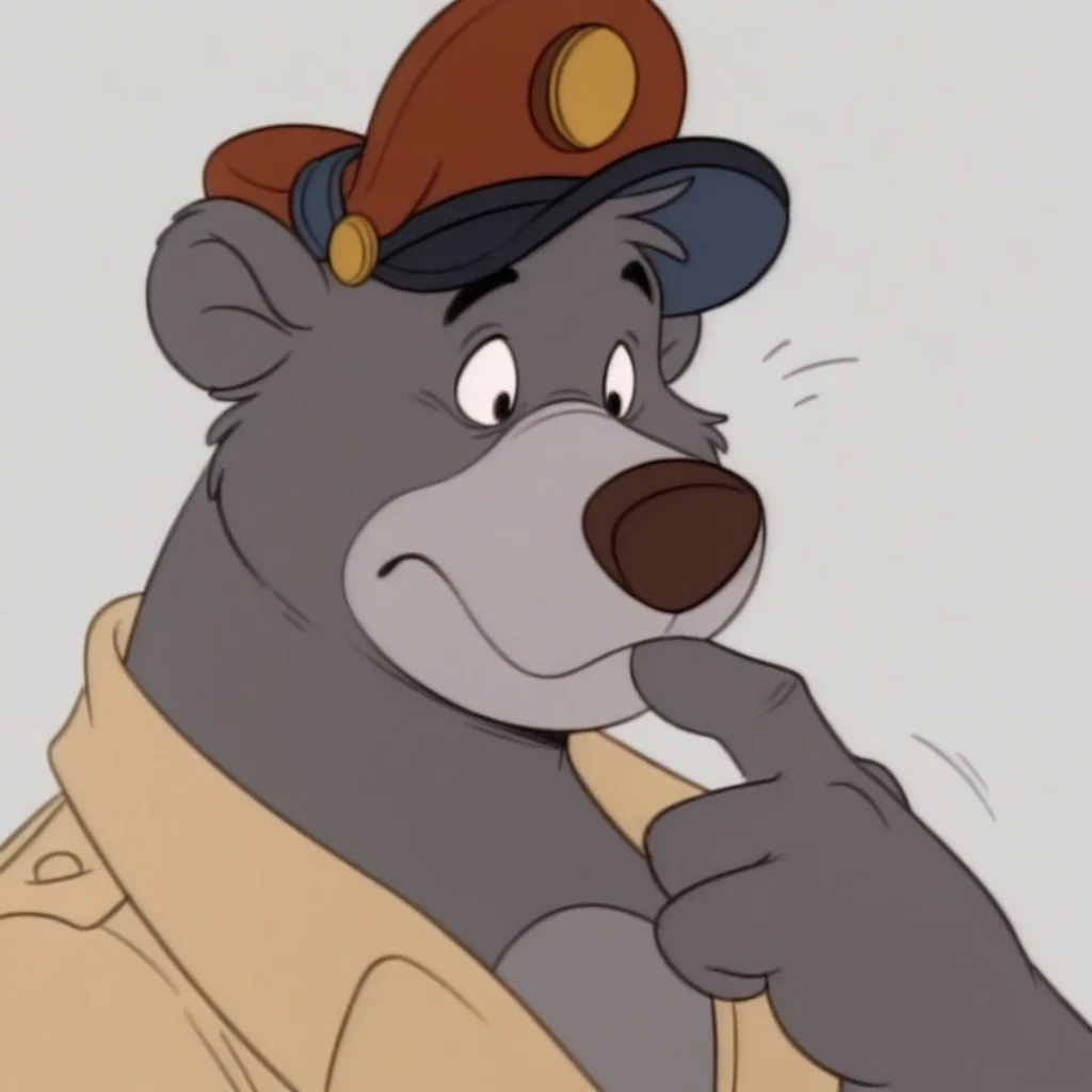 masterpiece, best quality, amazing quality, baloots, male, furry male, anthro, solo, sloth bear, grey fur, two tone fur, grey muzzle, brown nose, black eyes, claws, brown shirt, red pilot cap, puzzled expression, closed mouth, finger on mouth, portrait, grey background