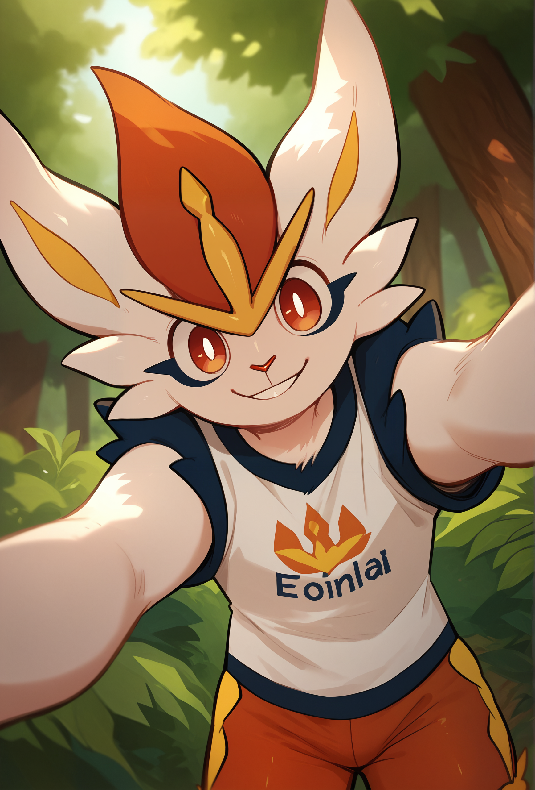 score_9, score_8_up, score_7_up, depth of field, forest, tree,
<lora:glacierclear_style_ponyXL_v2.3:1> gclearstyle, 1boy, solo, furry, cinderace, t-shirt, orange shorts, low angle, looking at viewer, smile, young, eye reflection, outstretched arms, selfie