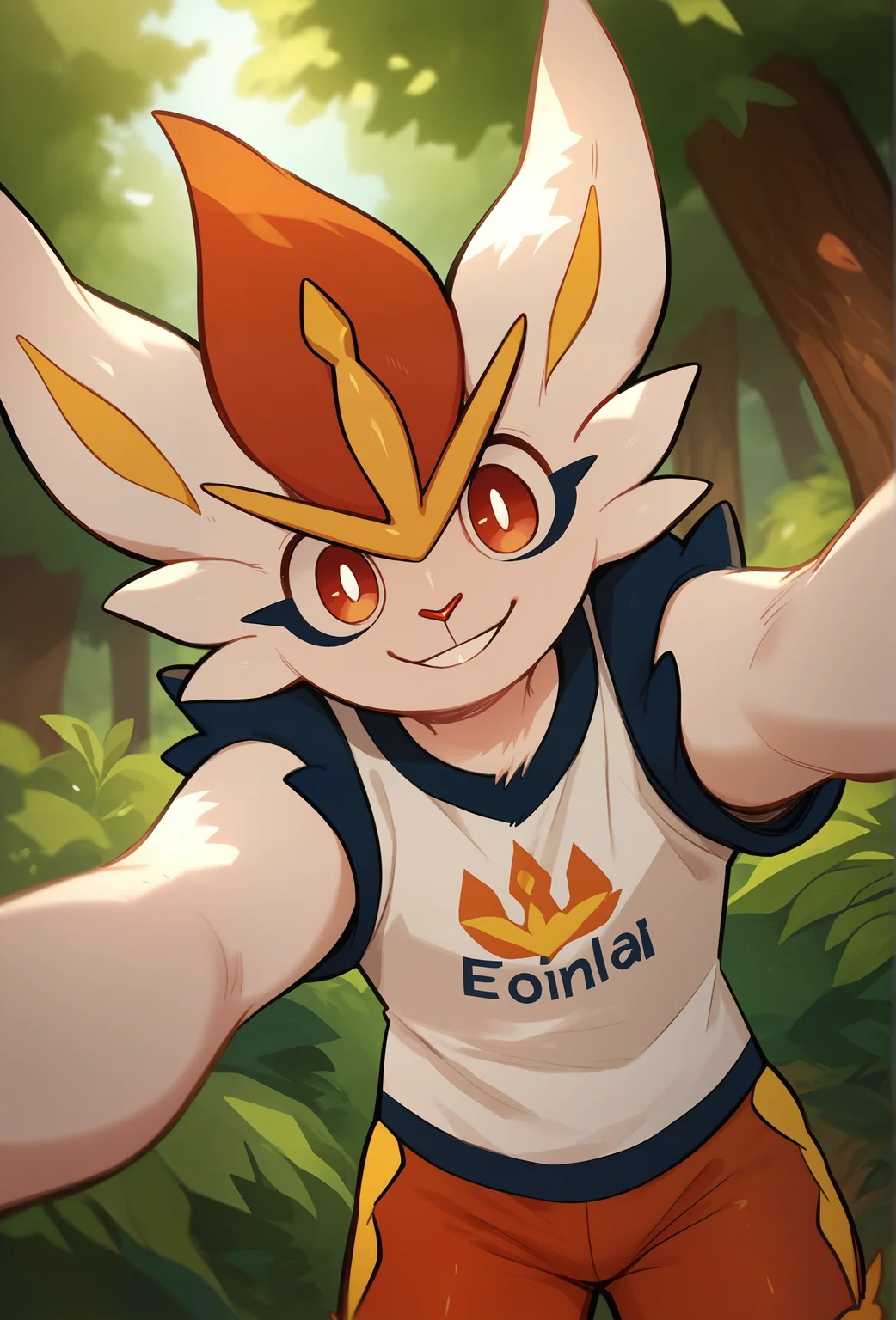 score_9, score_8_up, score_7_up, depth of field, forest, tree,
<lora:glacierclear_style_ponyXL_v2.3:1> gclearstyle, 1boy, solo, furry, cinderace, t-shirt, orange shorts, low angle, looking at viewer, smile, young, eye reflection, outstretched arms, selfie