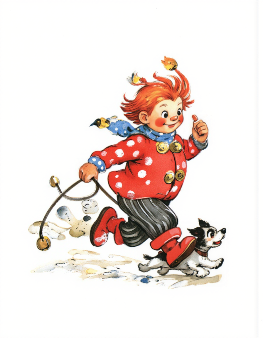 <lora:LV_NEW:1>, This is a colorful, whimsical drawing in a cartoon style, depicting a cheerful, young boy and his dog. The boy, who appears to be around six years old, is running to the right, holding a leash in his right hand. He has bright red hair that is tousled and sticking up, and he wears a red hat with a blue polka dot pattern and a yellow bell on top. His eyes are large and expressive, and his rosy cheeks add to his animated appearance. He is dressed in a red coat with large, white polka dots, black pants with white stripes, and red boots. The dog he is walking is small and white with black patches on its face and ears, and it has a playful expression. The dog is walking to the right on a leash, and its paws are leaving small, white paw prints in the snow. The background is plain white, making the vibrant colors of the boy and dog stand out prominently. The drawing has a playful, lively atmosphere, with soft, textured brushstrokes that give it a hand-drawn, sketch-like quality. The overall style is reminiscent of classic children's book illustrations, evoking a sense of joy and adventure., 
Show less