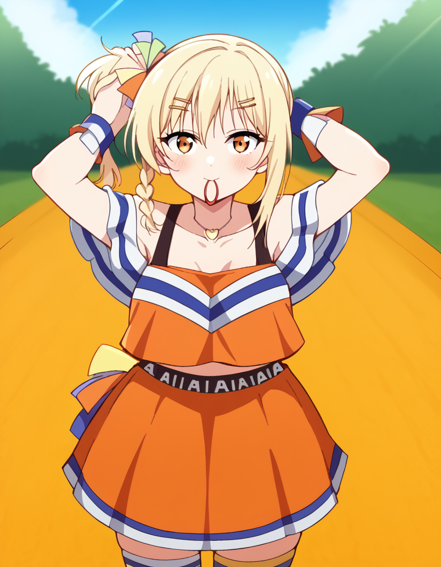 score_9, score_8_up, score_7_up, source_anime, <lora:ai-miyashita-saikou-heart-mv-ponyxl-lora-nochekaiser_r1:1>, ai miyashita, bangs, blonde hair, hair ornament, orange eyes, braid, sidelocks, medium hair, side ponytail, orange eyes, french braid,, skirt, thighhighs, jewelry, collarbone, necklace, off shoulder, tank top, wristband, cheerleader, pom pom (cheerleading), orange skirt, gyaru, heart necklace, Outdoors, nature, scenery, open space, sunlight, , <lora:hair-tie-in-mouth-ponyxl-lora-nochekaiser:1>, hair tie in mouth, hair tie, mouth hold, rubber band, blush, tying hair, adjusting hair, hands in hair, arms up, arms behind head, ponytail, hand in own hair, hair lift, cowboy shot, looking at viewer, looking at viewer, solo,, dutch angle, cowboy shot