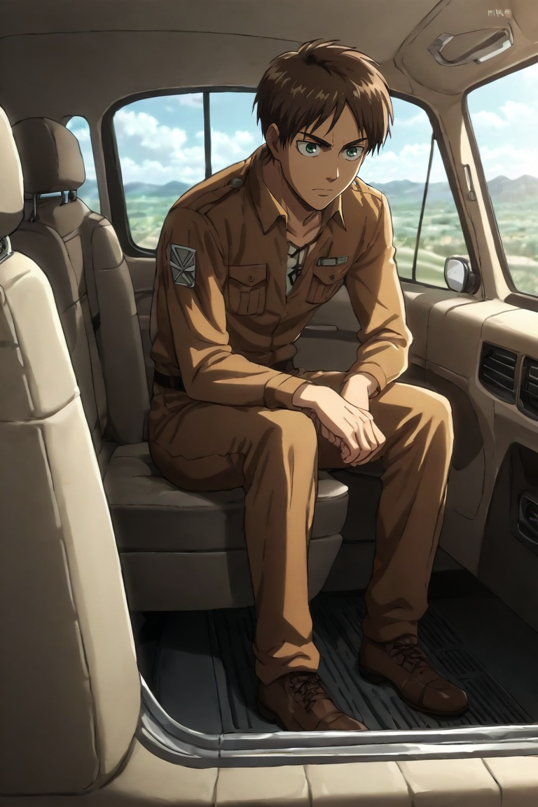 score_9, score_8_up, score_7_up, score_6_up, score_5_up, score_4_up, BREAK source_anime, 1boy, solo, male focus, full body, <lora:Eren_Yeager_PonyXL:0.88>, eren_yeager, brown hair, green eyes, burglar costume, car interior, <lora:sdxl_lightning_8step_lora:1>