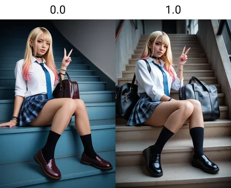 score_9, score_8_up, score_7_up, score_6_up, score_5_up, score_4_up, realistic
1girl, kitagawa marin, skirt, necktie, blonde hair, school uniform, solo, shirt, long hair, sitting, black socks, white shirt, bag, stairs, socks, blue skirt, shoes, collared shirt, school bag, industrial piercing, blue necktie, piercing, v over eye, pleated skirt, choker, v, jewelry, pink nails, looking at viewer, multicolored hair, sitting on stairs, plaid, plaid skirt, ear piercing, nail polish, bangs, red eyes, realistic, full body, barbell piercing, earrings, parted lips, bracelet, gradient hair, gyaru <lora:cfg_scale_boost:0.0>