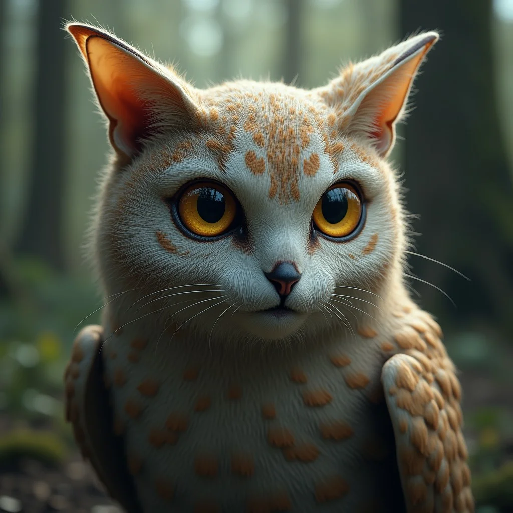 A hyper-realistic full body pic of a mysterious creature that combines the facial features of a cat with the distinctive characteristics of an owl. The creature has the sharp, triangular ears and the furry, whiskered face of a feline, but its eyes are large, round, and piercing like those of an owl, with striking golden irises. The fur is textured and detailed, mimicking the pattern of owl feathers but remaining clearly mammalian. The creature’s face is expressive and intelligent, blending the soft fur of a cat with the feathery patterns of an owl. There are no wings or avian body parts, just a head that perfectly fuses these two animals into one enigmatic being. The background is a softly blurred forest, providing a natural setting that highlights the creature's unique, almost mythical appearance