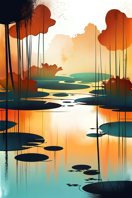 ,warmly lit interior, in a rusted Lotus pond<lora:EnvyStylizedXL02:1>