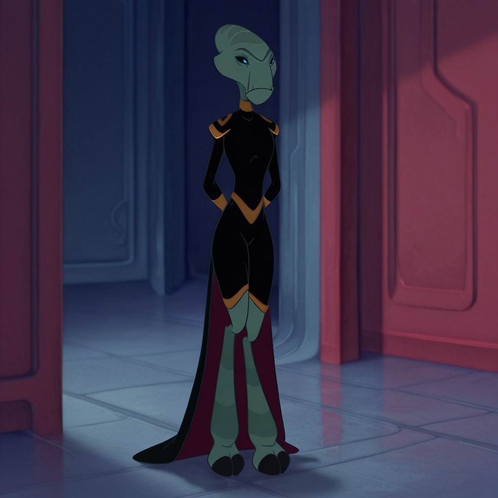 masterpiece, best quality, amazing quality, GrandCWil, anthro, female, alien, blue-green skin, blue eyes, black sclera, hooved feet, black bodysuit, gold trim, black cloak, standing, inside, arms behind back, solo,