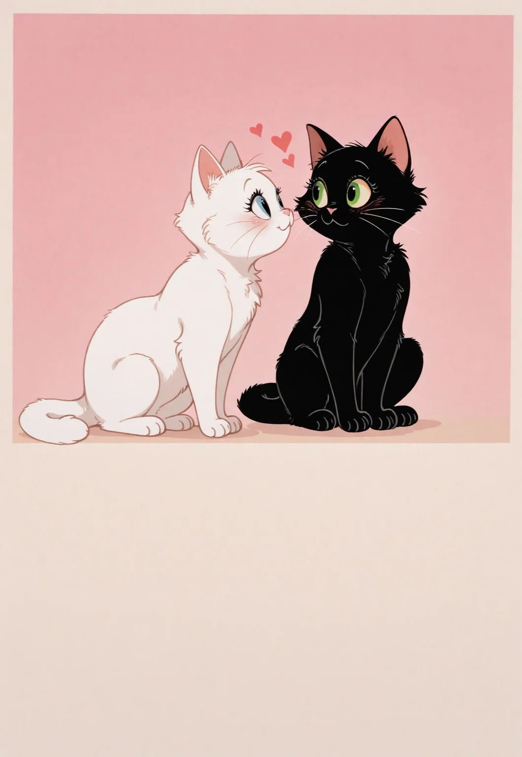 masterpiece, best quality, good quality, very awa, very aesthetic, absurdres, newest, cute image, two cat,
black cat, white cat, love, romantic, tjstyle, cartoon, pastel colar, patterns, hearts