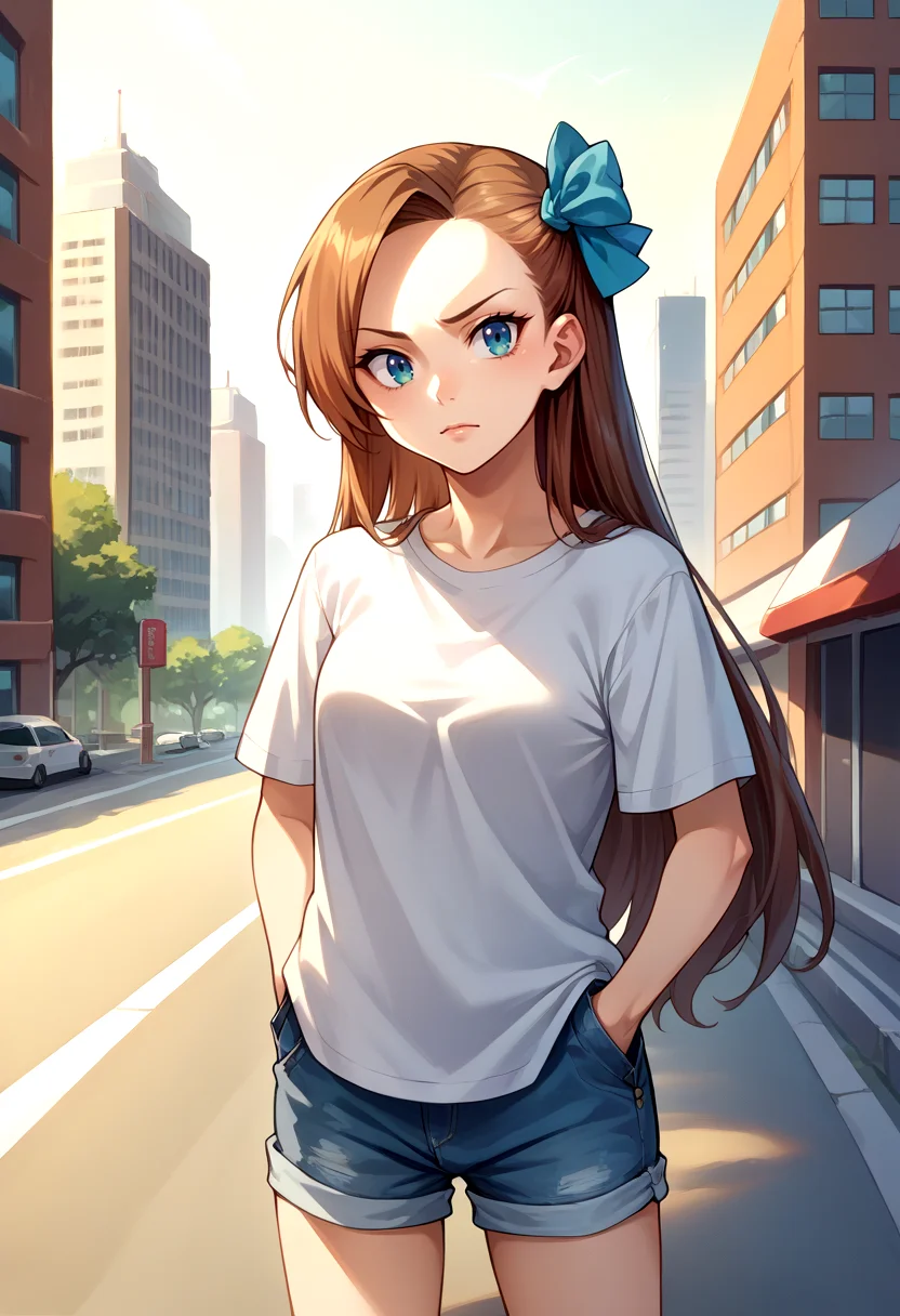 score_9, score_8_up, source_anime, 1girl, solo, KatarinaClaes, long hair, asymmetrical bangs, hair bow, t-shirt, denim shorts, standing, outdoors, city, hands in pockets, <lora:CHAR-KatarinaClaesPonyXL:1>