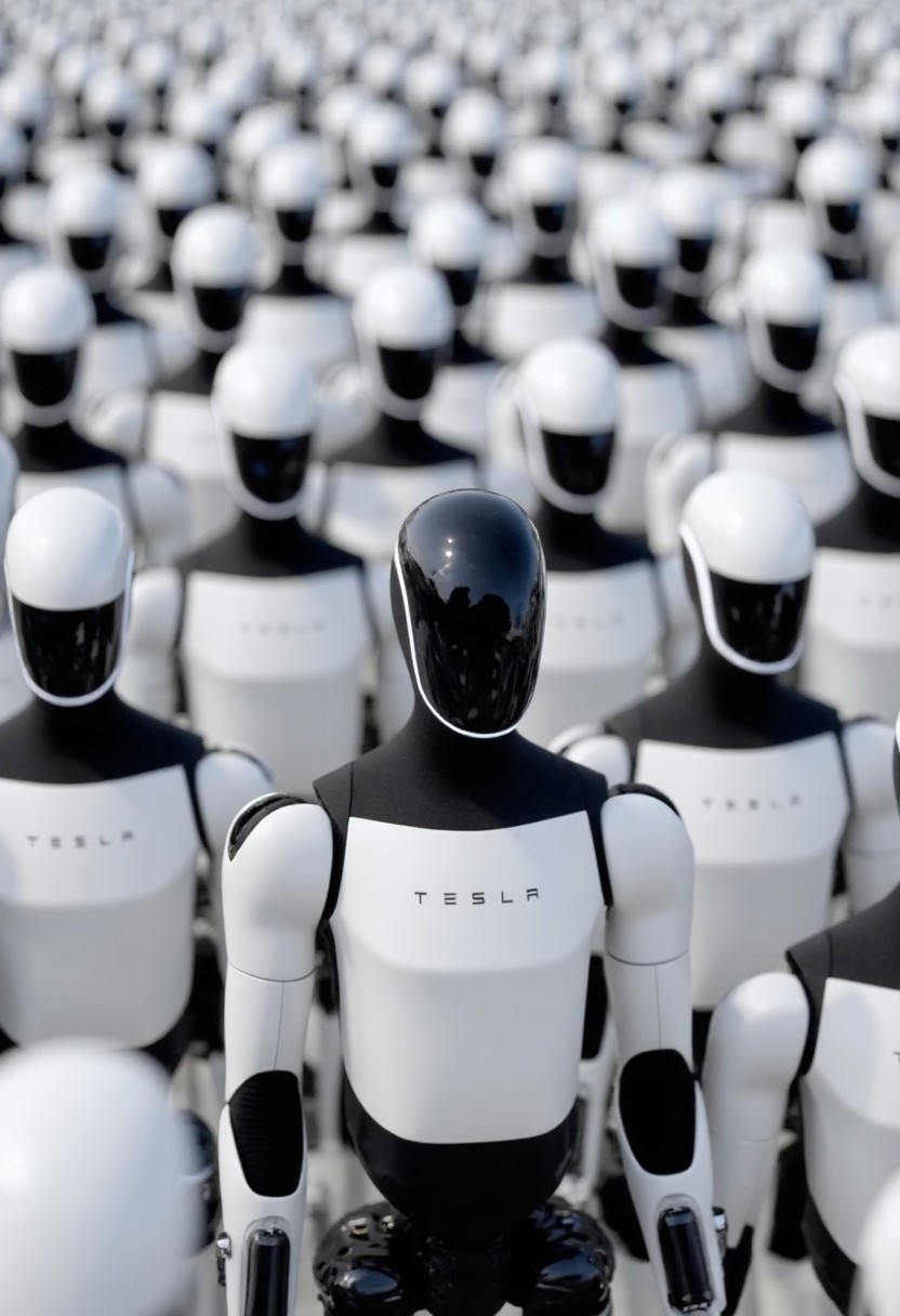Create a photo where one sleek, futuristic Tesla robot stands out in a sea of standard, white Tesla robots. The focus is on a single black Tesla robot placed in the center, surrounded by an infinite number of identical white robots. The robots are arranged closely together, creating the impression of a large gathering. All the robots appear identical, except for the black Tesla robot, which stands out due to its distinct color. The scene is minimalistic and high-tech, emphasizing the contrast between the black and white robots in a detailed, realistic setting.