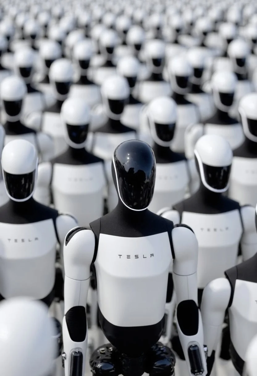 Create a photo where one sleek, futuristic Tesla robot stands out in a sea of standard, white Tesla robots. The focus is on a single black Tesla robot placed in the center, surrounded by an infinite number of identical white robots. The robots are arranged closely together, creating the impression of a large gathering. All the robots appear identical, except for the black Tesla robot, which stands out due to its distinct color. The scene is minimalistic and high-tech, emphasizing the contrast between the black and white robots in a detailed, realistic setting.