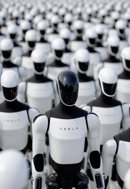 Create a photo where one sleek, futuristic Tesla robot stands out in a sea of standard, white Tesla robots. The focus is on a single black Tesla robot placed in the center, surrounded by an infinite number of identical white robots. The robots are arranged closely together, creating the impression of a large gathering. All the robots appear identical, except for the black Tesla robot, which stands out due to its distinct color. The scene is minimalistic and high-tech, emphasizing the contrast between the black and white robots in a detailed, realistic setting.