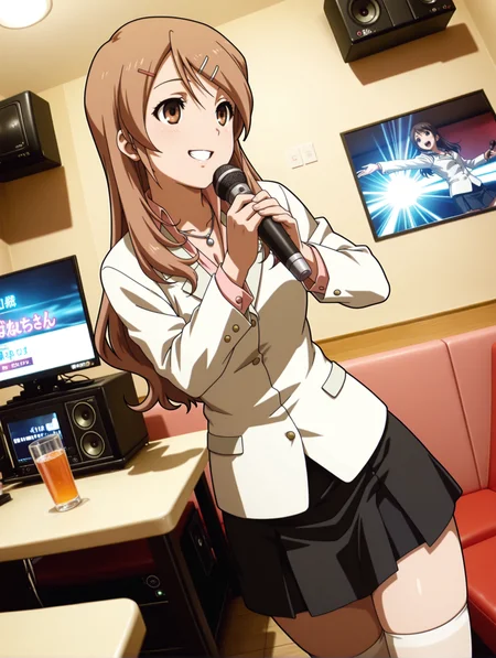 masterpiece,best quality,newest,
1girl,solo,
anime screencap,<lora:sakurai_yukino_ilxl_v1.0:1>,brown hair,brown eyes,long hair,
y_clothes,necklace,uniform,white jacket,shirt,black skirt,white_thighhighs,
<lora:j_karaoke_ilxl_v1:1>,j_karaoke,
<lora:Fixhands_anime_bdsqlsz_V1:1>,microphone,singing,standing,dynamic_angle,cinematic_angle,dutch angle,monitor,table,drinking_glass,smile,dancing,portrait,grin,cowboy_shot,monitor,speaker,