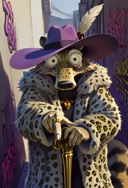 Masterpiece, best quality, high detail, realistic, Scrat, long snout, bushy tail, bulging eyes, striped tail, gold necklace, acorn necklace, purple hat, wide-brim hat, feather in hat, Fur coat, leopard print fur coat, golden rings, pimp, holding cane, golden cane with diamond, pointing gun at viewer, urban background, graffiti, ghetto, walking with cane, striding, pimpin ain't easy