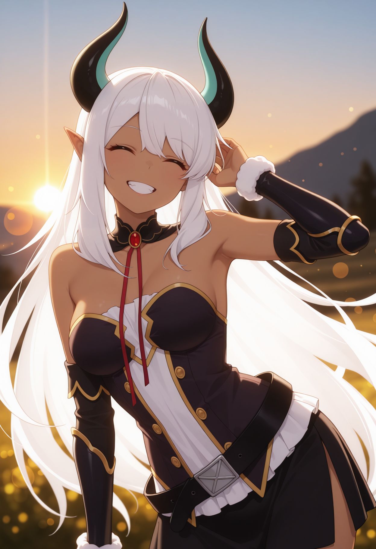 masterpiece,best quality,absurdres,highres,very aesthetic,high quality,detailed,insanely detailed,beautiful,perfect lighting, ,depth of field,blurry background,bokeh, looking at viewer,  smile, 
smile, happy, sunset, outdoors, open mouth, grin, closed eyes, leaning to the side,
 <lora:Belzebub illu:1> 1girl, horns, medium breasts, white hair, pointy ears, dark skin, dark-skinned female, red eyes,detached sleeves, belt, bare shoulders, black skirt,