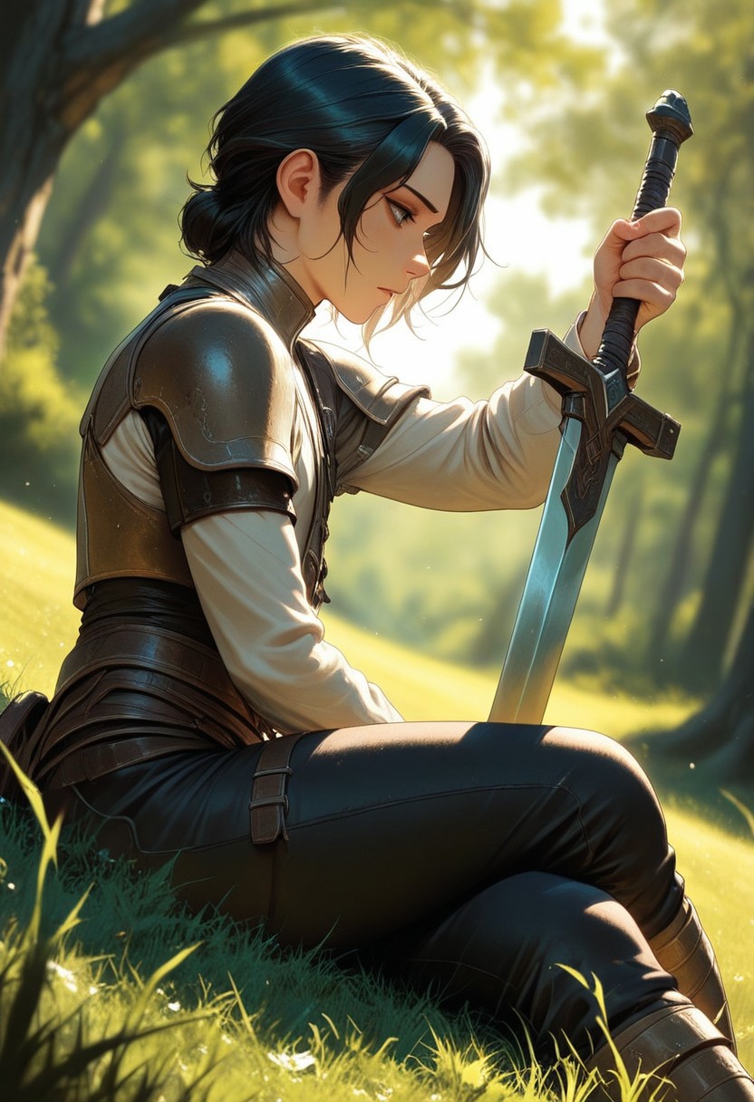 createconcept, androgynous male, mature, 1boy, holding a sword, sitting in grass, dynamic angle, depth of field,
masterpiece, best quality, amazing quality, very aesthetic, 8k