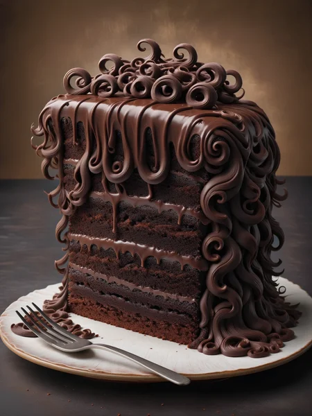 A delicious slice of chocolate cake, adorned with decadent, dark chocolate ais-hairz curls <lora:Hairy_Style_SDXL:1>