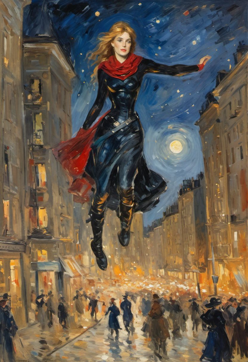 impressionist painting by Berthe Morisot, very rough painting with visible paint strokes, (dynamic_angle), 
Batwoman swinging between buildings, burning midnight costume, high boots, clothes like midnight full of stars, Night light, sharp shadows, moon lit, 
looking out over city, City landscape, dystopian city, crowds of people, 
standing high above stret, illustration,
