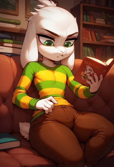 (score_9 | score_8_up | score_7_up)
(masterpiece:1)(best quality,very high quality,ultra detailed:1)
(2D,cartoon Style:1)(Smooth)(clean blurring)
(four fingers on each hand,one thumb on each hand:1)
(detailed hands:1)(solo,alone,one character)
|
(indoors,living room,vindow,night)
(front view)(bookshelves)
(sitting,on side,on sofa)(annoyed:1.2)
(holding book,reading,reading book,looking down)
|
(anthropomorphic,animal,goat,white fur,large head,green eyes,long ears,tufts of hair)(male)
(small body size,shortstack:1.5)
(flat chest,thin arms,skinny waist,narrow waist,skinny thighs,skinny legs)
(green and yellow striped shirt,long sleeves,brown pants)
