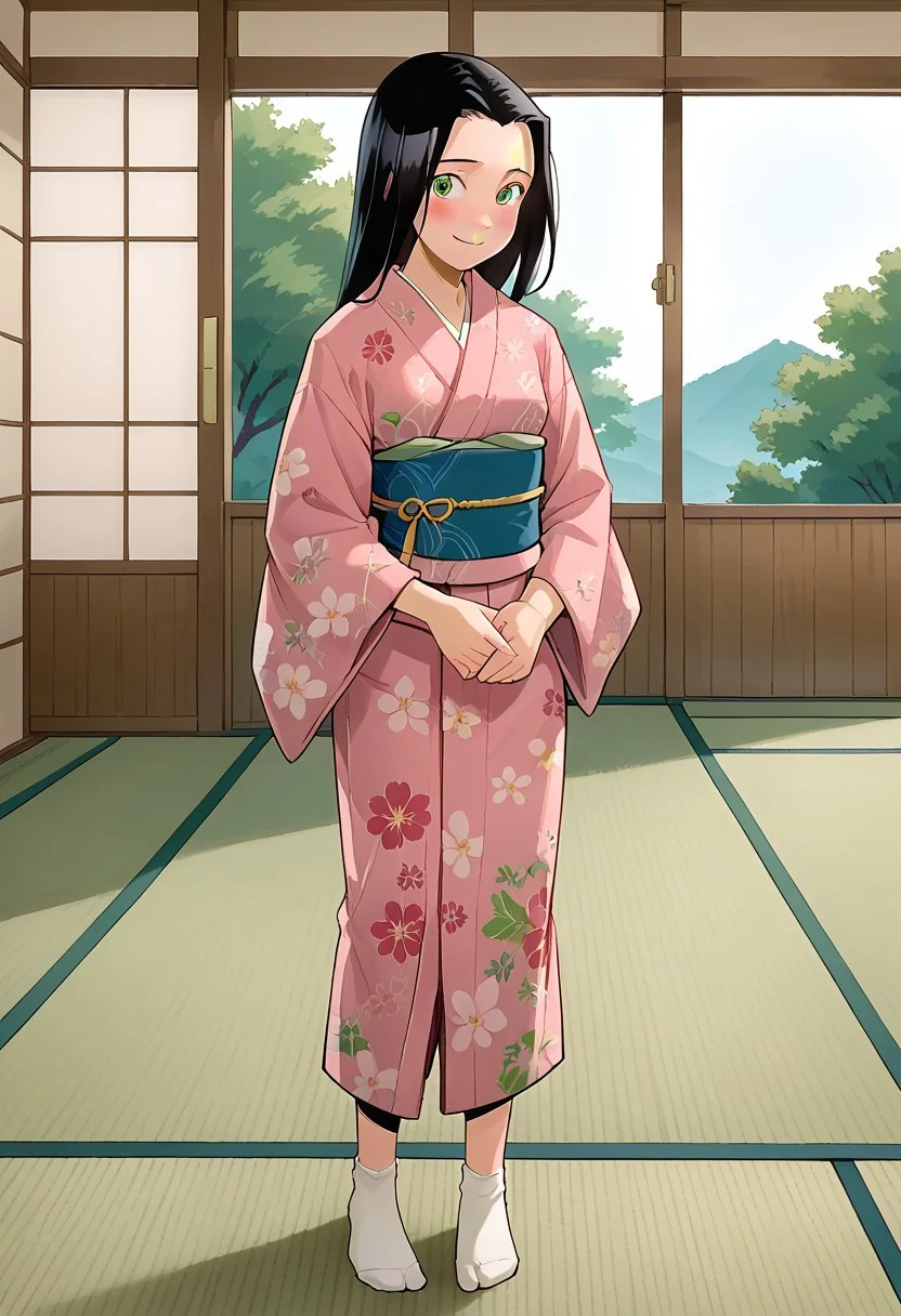 score_8, score_8_up, score_7_up, 1girl, female focus, solo, Caitlin_PP, black hair, long hair, green eyes, small breasts, japanese clothes, kimono, pink kimono, floral print kimono, obi, white socks, no shoes, looking at viewer, smile, blush, averting eyes, shy, full body, standing, arms at side, indoors, shouji, tatami, wall