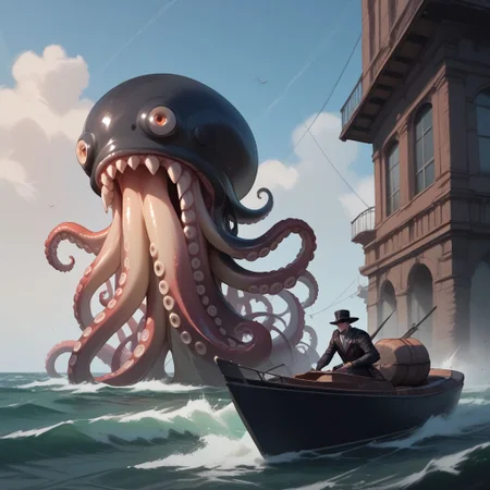 (score_9), (score_8_up), (score_7_up), (score_6_up), (score_5_up), (score_4_up), Gritty, noir, anime, Bright, (Cell Shading), (masterpiece), create the sea monster known as the kraken in a steampunk style, the kraken takes the shape of an octopus with a giant gaping maw with razor-sharp teeth