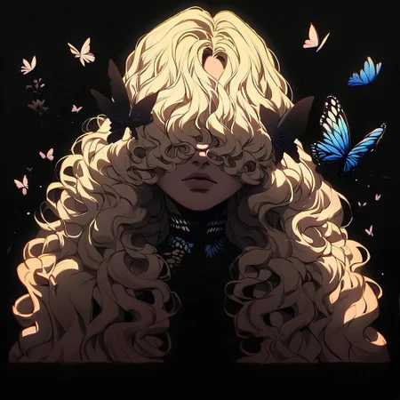 score_9, score_8_up, score_7_up, score_6_up, GLSHS, 1girl, long hair, bug, butterfly, choker, wavy hair, butterfly on face, facing viewer, covered eyes, upper body, dark theme, blonde hair