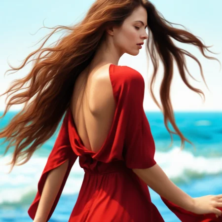 <lora:long_hair_lora:5> a woman near the sea, wind, photorealistic, full body, red dress