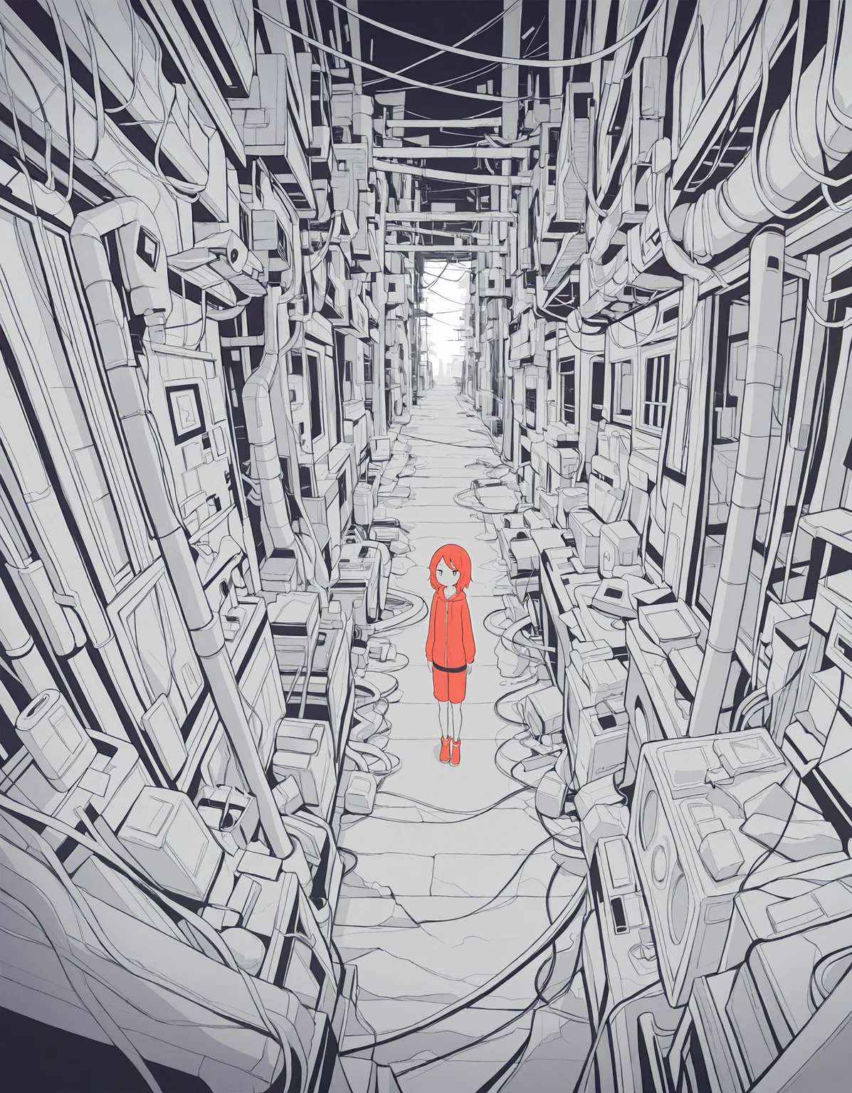 masterpiece, best quality, newest, highres, absurdres, <lora:hebitsukai_style:1>,hebitsukai_illu, 1girl, short hair, solo, standing, monochrome, cable, industrial pipe,red girl