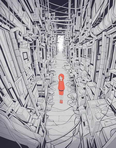masterpiece,  best quality, newest, highres, absurdres, <lora:hebitsukai_style:1>,hebitsukai_illu, 1girl, short hair, solo, standing, monochrome, cable, industrial pipe,red girl