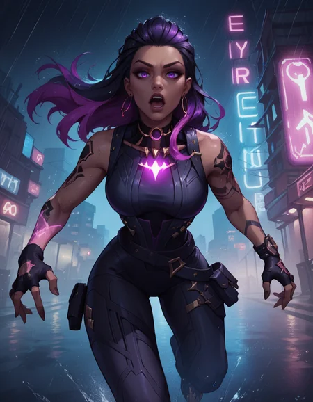 score_9, score_8_up, score_7_up,score_6_up, score_5_up, score_4_up , 1girl, solo,
large breasts,
ReynaDG,
dark-skinned female, two-tone hair, long hair, purple hair, purple eyes, black hair, hair slicked back,
black bodysuit, black gloves, arm tattoo, glowing,belt,fingerless gloves,
science fiction, neon lights, city, light particles, night, rain, wet,
from below,
open mouth,
running, motion lines, battle,
looking at viewer,
<lora:Reyna_PDXL-v01-000002:1>