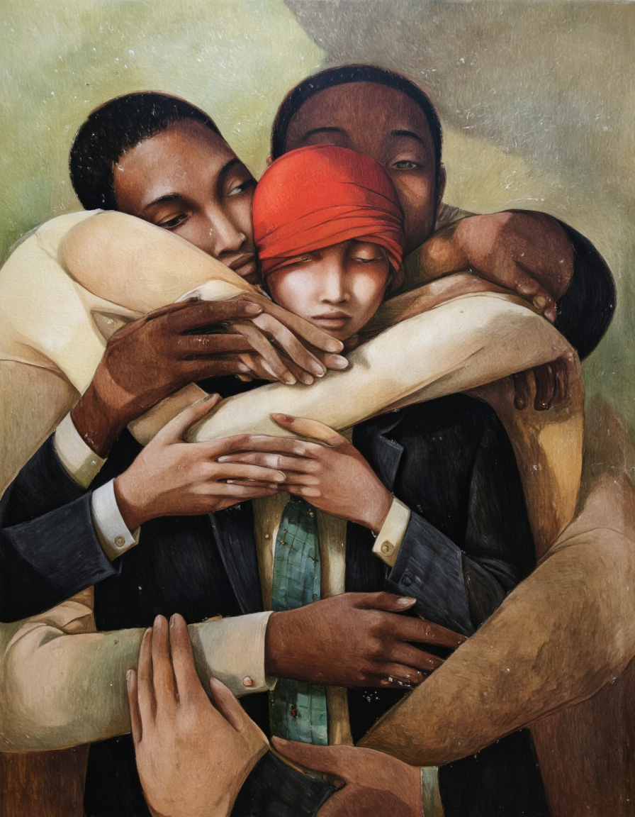 By Rébecca Dautremer. An illustration of a figure with a red head and a relaxed expression, surrounded by multiple figures. the figure in the center appears to be a woman, with her eyes closed and a serene expression. she is wearing a black suit with a white shirt and a green checkered tie, and her hands are clasped together in front of her face. on the left side of the image, a man with dark skin is positioned, with his hands resting on her head, while on the right side, another man with light skin and black hair is positioned. the background is a mix of green and brown tones, creating a soft and intimate atmosphere. the style is reminiscent of modern art, with a focus on texture and color, making the image visually appealing and engaging.