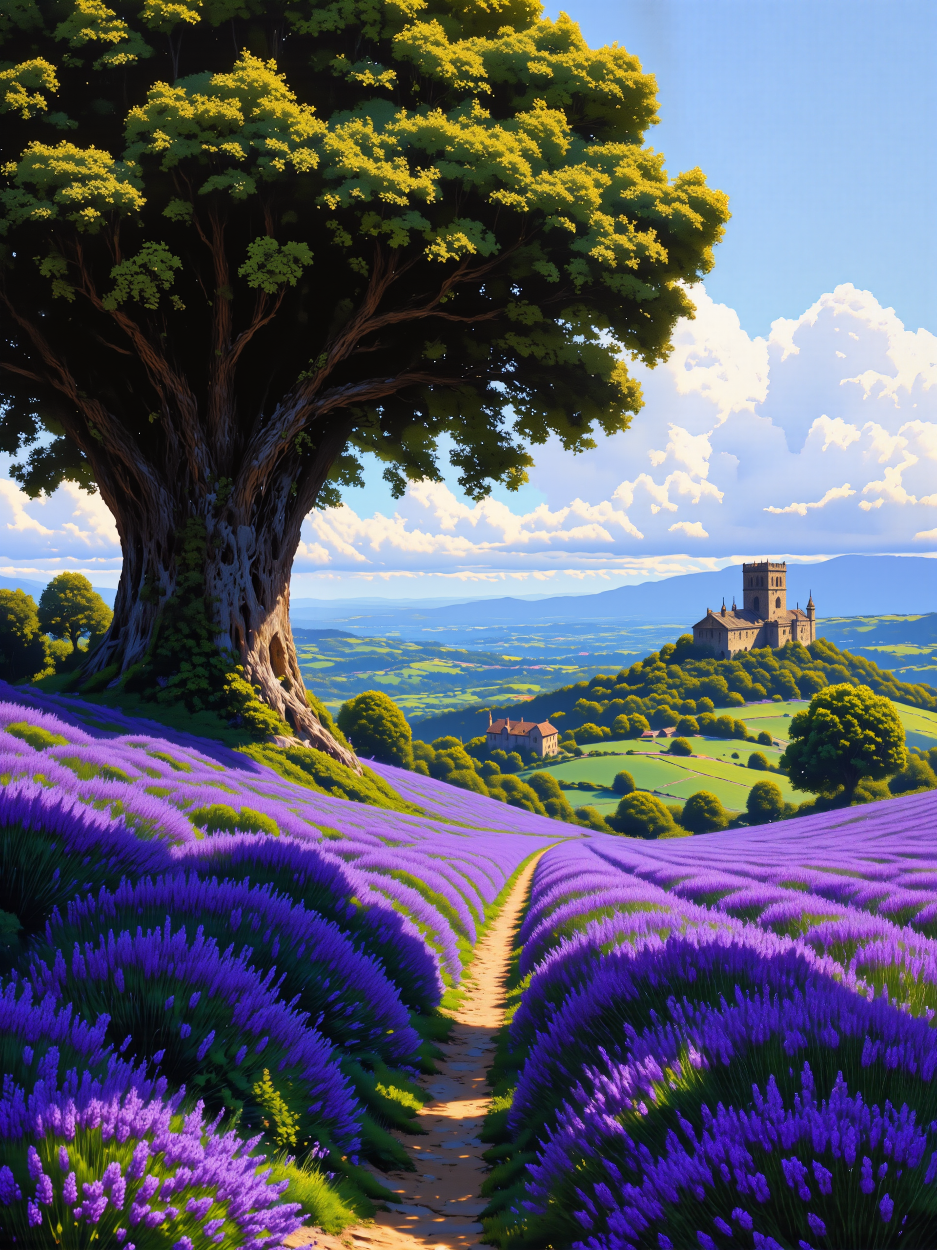famous masterwork painting in a detailed and intricate style blending realism with romantic impressionism, masterful composition, following the golden ratiodappled sunlight, dramatic sky, dark corners, the vast lavender fields of provence, france, stretch across the foreground and middle ground in perfect rows of vibrant purple, the fields are framed by rolling green hills and a picturesque castle ruin perched on a distant hilltop, its ancient stone walls partially covered with vines, the setting evokes a timeless charm and historical intrigue, in the middle ground, a large gnarled ancient oak stands as a towering figure amidst the rows of lavender, its twisted branches and rugged bark telling a story of resilience and age, soft dappled sunlight filters through its canopy and the light clouds, casting highlights and shadows across the fields, emphasizing the natural textures and lush tones of the landscape, the sky is a harmonious blend of blues and whites, filled with soft, billowing clouds that seem to drift lazily, adding depth and tranquility to the scene, subtle hints of sunlight break through, illuminating the castle ruin and creating a sense of warmth and serenity, the composition is balanced and picturesque, leading the viewer's eye from the lavender rows in the foreground to the castle in the background, the perspective draws attention to the harmony between nature and the remnants of history, evoking a sense of timeless beauty, the lighting is soft and natural, creating a radiant yet calming atmosphere, intricate brushstrokes bring out the delicate texture of the lavender blooms, the rugged detail of the tree, and the weathered stone of the castle, the interplay of light and shadow adds depth and vibrancy to the painting, with rich purples, greens, and golden tones dominating the palette, subtle hints of blue and white provide contrast in the sky, crafted with meticulous attention to detail, the painting captures the serene and tranquil beauty of provence, blending the majesty of nature with the quiet allure of historical ruins, evoking a sense of peace and timeless wonder, style of alena aenami, aidmafluxpro1.1, <lora:style-alena_aenami-flux-by_tangbohu:0.64> <lora:epic_gorgeous_details-balance-flux-by_flyway:0.48> <lora:flux_pro1.1_detailer-v0.2-flux-by_aidma:0.6> <lora:faetastic_details-flux-by_faeia:0.8>