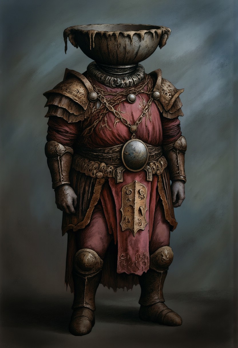 aidmaMJ6.1, Made out of paper, a PaperStyle , d4artstyle, d4concept, , d00mstyle, made of clay, ZBClay model of a gray sculpture AmanoER 
armored figure with an unsettling presence, its body draped in heavy, crimson robes adorned with ornate, faded symbols. Its head is fused into a metallic, bowl-like structure resting atop a thick, neckless torso, evoking both a sense of servitude and ritual. Beneath the robes, glimpses of chainmail and rusted armor peek through, reinforcing its hulking frame. Thick, scaled legs with clawed, armored feet ground it firmly, while its shoulders bear pauldrons that look worn and scarred. Its overall form exudes a blend of nobility and dread, as if it were an ancient guardian or sacrifice bound to a dark purpose.
Background solid color with a faded dimly lit, fog-covered darkness tone that emphasizes its silhouette. The medium is not a traditional painting or illustrative medium like watercolor or ink but rather a digital rendering, eerie and unsettling.