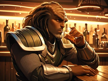 sitting at a bar drinking ale from a large mug <lora:Klingon_v2_pony:1> score_9,score_8_up,score_7_up,score_6_up,score_5_up,score_4_up , 1man, kling0n alien, large forehead ridges, brown skin, large eyebrows, wearing warrior armor,