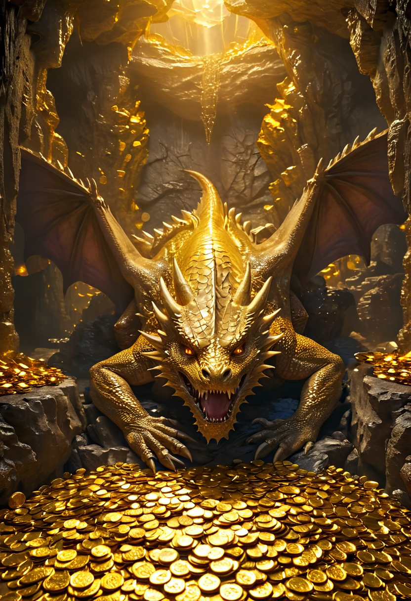 (((masterpiece))),(((best quality))),highres, 32k, a fantasy extremely realistic dragon lying on top of a pile of golden coins guarding it from adventurers in an underground huge cave <lora:More_interesting_backgrounds:1> IBG, introcated, breathtaking scenery, epic composition, highiest texture resolution, vivid colors, sharp focus, hyperrealistic, photorealistic, cinematic effect and lighting <lora:add_details_xl:1> <lora:add-detail-xl:1>