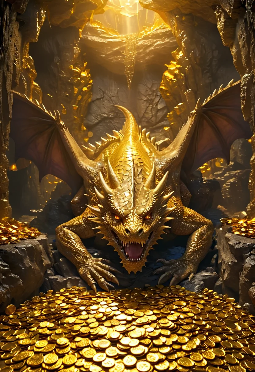 (((masterpiece))),(((best quality))),highres, 32k, a fantasy extremely realistic dragon lying on top of a pile of golden coins guarding it from adventurers in an underground huge cave <lora:More_interesting_backgrounds:1> IBG, introcated, breathtaking scenery, epic composition, highiest texture resolution, vivid colors, sharp focus, hyperrealistic, photorealistic, cinematic effect and lighting <lora:add_details_xl:1> <lora:add-detail-xl:1>