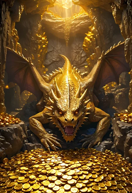 (((masterpiece))),(((best quality))),highres, 32k, a fantasy extremely realistic dragon lying on top of a pile of golden coins guarding it from adventurers in an underground huge cave <lora:More_interesting_backgrounds:1> IBG, introcated, breathtaking scenery, epic composition, highiest texture resolution, vivid colors, sharp focus, hyperrealistic, photorealistic, cinematic effect and lighting <lora:add_details_xl:1> <lora:add-detail-xl:1>