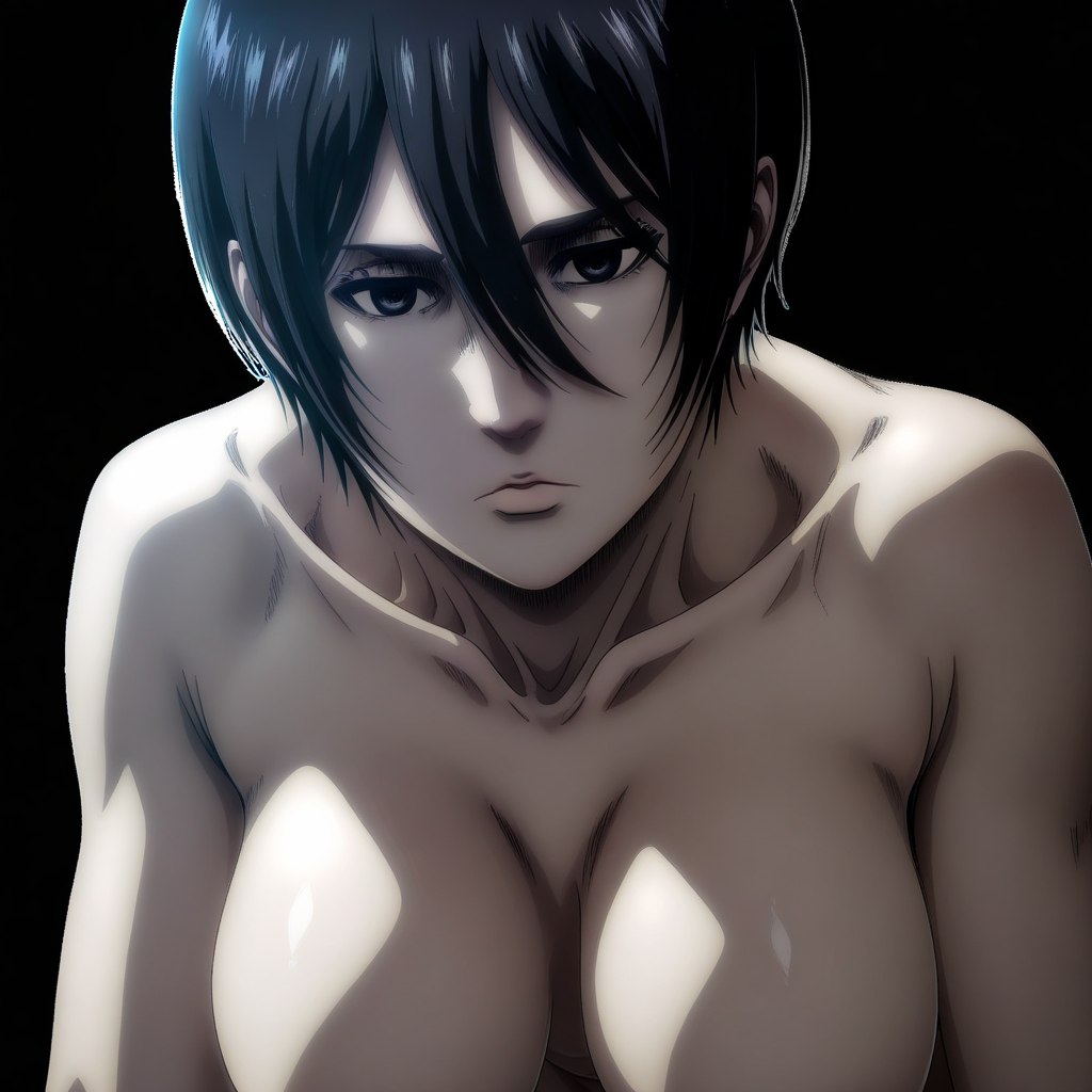 (masterpiece), (best quality), ultra-detailed, high aesthetics,  soft shadows, cinematic composition, Mikasa_Ackerman_v2, female focus, 1girl, solo, nude, big breasts, collarbone