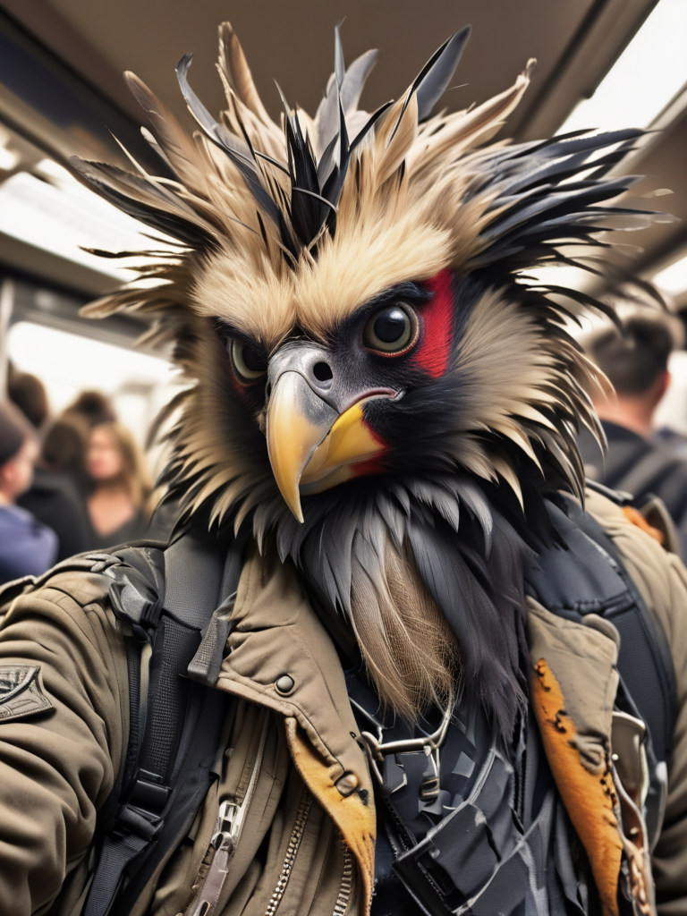 selfie, depiction of a bearded (vulture:1.3) punk which is sporting messy beard and mohawk feathers, perched,  (hair:1.1), feathers, tattoos, muted, subway, lowkey, low saturation, <lora:- SDXL - brdanmu_ beard_mustache_hair_V2.0:.5>