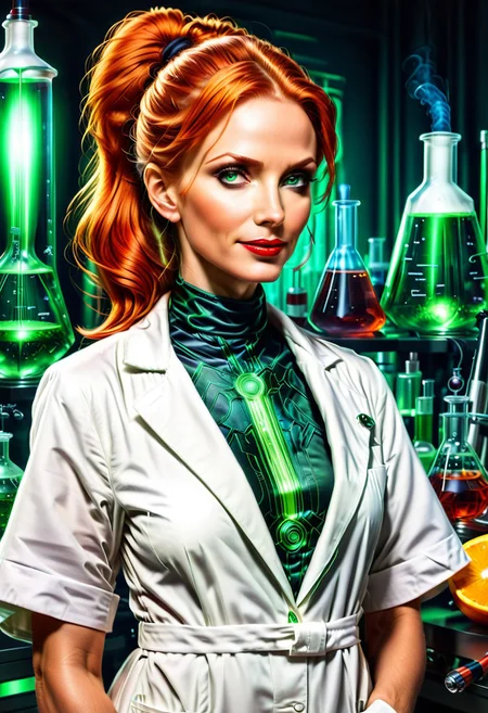 Necron, electricity, green glow, green theme, (red:1.6), (close up:1.6), Stable_Yogis_PDXL_Positives, (Victorian blouse), Realism_Quality_2xx_By_Stable_Yogi, (anatomically correct:1.6), photo, photo_realistic, 1girl, mature_woman, European, 27 years old, parted_lips, choker, seductive smile, sultry, serious stare, stern look, close-up, eye shadow, makeup, milf, mature female, pureerosface_v1, Expressiveh, intricate_details_xl, natural skin, realistic, hands out of view, red lipstick, makeup, long ponytail, streaked hair, Orange hair, black streaks in her hair, long side bangs, black highlights in bangs, thick lips, mega ponytail, big hair, tall, natural blue eyes, high neck closure, fitness body, toned muscles, high cheekbones, solo, (fully dressed:2), high turtle neck, outdoors, (hands hidden:1.7), short sleeves, closed dress, high neck closure, gentle smile, closed mouth, short puffy sleeves, (laboratory:2), big fluffy hair in all directions, add-detail-xl, (white lab coat:2), (hurut).