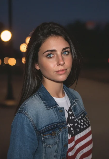 30yo woman holding an American flag.
Blue eyes. perfecteyes 
Wearing Denim jacket trucker hat. 
Long dark black slick back hair. No makeup. Dusk, Street light. Looking at camera POV. Slight smile, tilting head.. Tilt head.
Medium Close Up shot. Bokeh. Bokeh light.