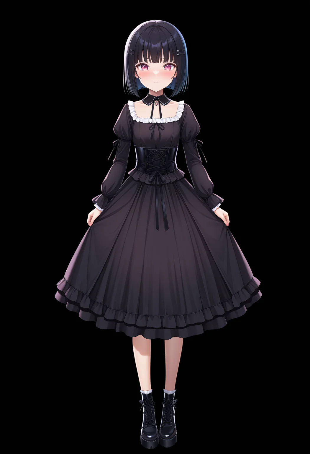 masterpiece, absurdres,amazing quality, best quality, extremely detailed, detailed background, <lora:character_cg:1>,1girl, young female, solo, gothic fashion, casual outfit, black hair, character cg, full body cg, black background